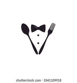 Bow Tie, Tuxedo Waiter Butler Suit, Dining Knife Spoon Fork dor Restaurant Dinner logo design inspiration