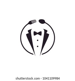 Bow Tie, Tuxedo Waiter Suit, Knifes, Spoon Fork Restaurant Dinner logo design inspiration