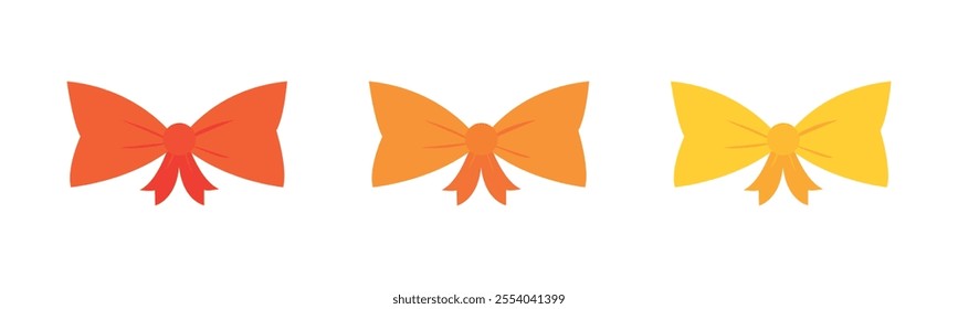 Bow tie vector flat illustration. A set of orange bow ties. A set of orange ribbons. Collection of orange ribbon bowknots for gift box decoration. Set of various cartoon bow knots, gift ribbons.