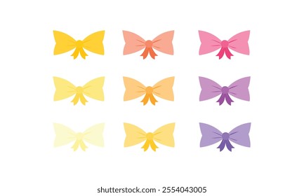 Bow tie vector flat illustration. A set of bow ties. A set of red orange and yellow ribbons. Collection of ribbon bowknots for gift box decoration. Set of various cartoon bow knots, gift ribbons.