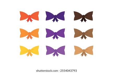 Bow tie vector flat illustration. A set of bow ties. A set of various colour ribbons. Collection of ribbon bowknots for gift box decoration. Set of various cartoon bow knots, gift ribbons.