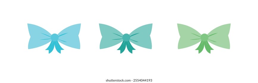 Bow tie vector flat illustration. A set of blue and green bow ties. A set of blue ribbons. Collection of ribbon bowknots for gift box decoration. Set of various cartoon bow knots, gift ribbons.