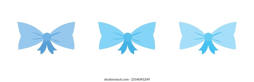 Bow tie vector flat illustration. A set of blue bow ties. A set of blue ribbons. Collection of blue ribbon bowknots for gift box decoration. Set of various cartoon bow knots, gift ribbons.
