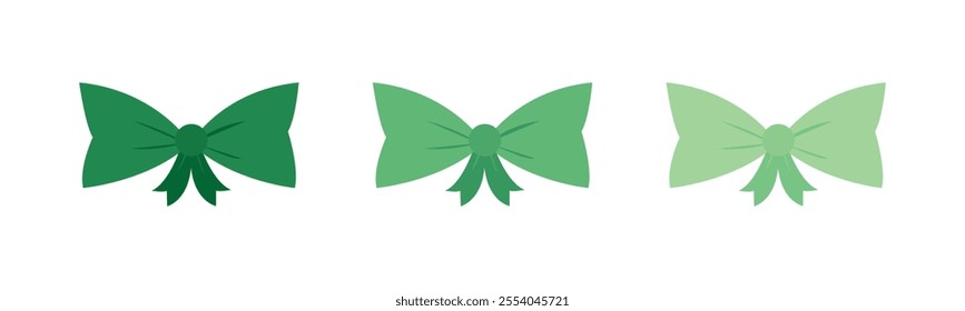 Bow tie vector flat illustration. A set of green bow ties. A set of green ribbons. Collection of green ribbon bowknots for gift box decoration. Set of various cartoon bow knots, gift ribbons.