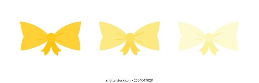 Bow tie vector flat illustration. A set of yellow bow ties. A set of yellow ribbons. Collection of yellow ribbon bowknots for gift box decoration. Set of various cartoon bow knots, gift ribbons.