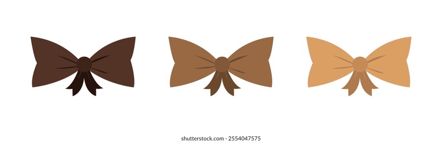 Bow tie vector flat illustration. A set of brown bow ties. A set of brown ribbons. Collection of brown ribbon bowknots for gift box decoration. Set of various cartoon bow knots, gift ribbons.