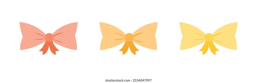 Bow tie vector flat illustration. A set of orange bow ties. A set of orange ribbons. Collection of orange ribbon bowknots for gift box decoration. Set of various cartoon bow knots, gift ribbons.