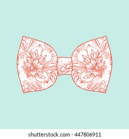 Bow tie.  White and red color on a blue background.. Vector illustration
