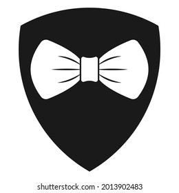 Bow tie white symbol on black shield sign. Gentlemen bodyguard company logo concept. Vector illustration.