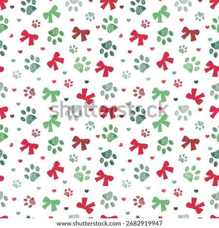 Bow ties, hearts and cute paw prints Christmas design seamless fabric pattern II
