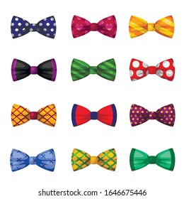 Bow ties isolated on white background. Collection of different elegant trendy festive neckties, fashionable accessories for carnival, masquerade or formal party. Cartoon colorful vector illustration.