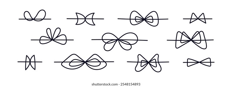 Bow ties line icons. Celebration and party. Mens fashion. Minimal set. Outline ribbon in sketch style. Hand drawn doodle stroke isolated. Vector illustration Bow gift ribbon.