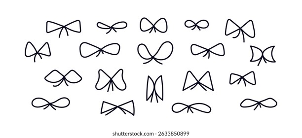 Bow ties line icons. Celebration and party. Mens fashion. Minimal set. Outline ribbon in sketch style. Hand drawn doodle stroke isolated. Vector sign collection. Editable outline. Gift ribbon
