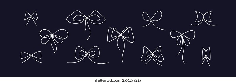 Bow ties line set. Celebration and party. Mens fashion. Minimal set. Outline ribbon in sketch style. Hand drawn doodle editable stroke. Vector collection