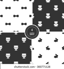 Bow Ties, Teddy Bears, Hipster Cats and Bunnies. Vector Set of Black and White Seamless Patterns