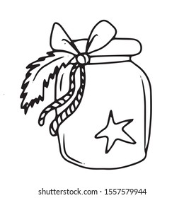 A bow ties a twig of a Christmas tree, an asterisk on the Bank.On hand-drawn, on a white isolated background.Design for greeting card.