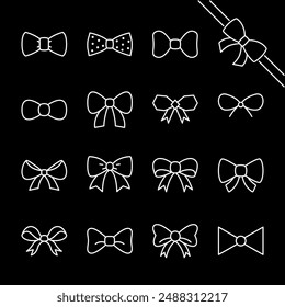 Bow ties, white line icons. Decorative bows and ribbons, ideal for fashion and gift wrapping themes. Symbols on black background. Editable stroke.