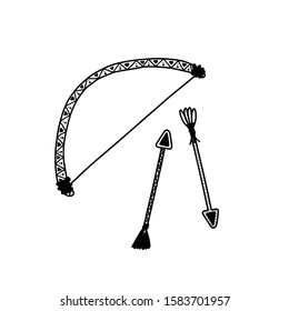 Bow with two arrows in doodle style isolated on white background. Hand drawn outline vector stock illustration. Love day symbol. Design for Valentines day postcard, invitation, tattoo, stickers, web.