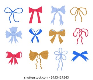 Bow of various set cartoon bow knots, gift ribbons. Hand drawn vector doodle with trendy hair braiding accessory, gift decoration on isolated background. Design element for congratulation, birthday