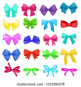Bow vector cartoon bowknot or ribbon for decorating gifts on Christmas or Birtrhday party illustration set of elements bowed or ribboned presents on holidays celebration isolated on white background