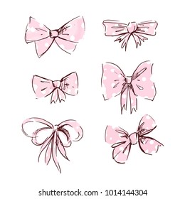 Bow vector collection. Trendy modern ribbon set. Hand drawn illustration. Design decorative elements isolated