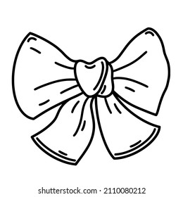 Bow vector icon. Hand-drawn illustration isolated on white backdrop. Festive ribbon with knot for decorating gift for a birthday, Christmas. Tie sketch, monochrome outline