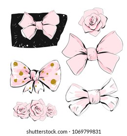 Bow vector set. Black and white with pink color hand drawn illustration in ink style for fashion card design.