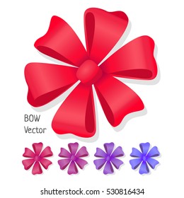 Bow vector set. Luxury flower made from ribbons. Editable element for design isolated on white. Pussy bright bow knot. Gift knot of ribbons in flat style design. Overwhelming bow. Vector cartoon