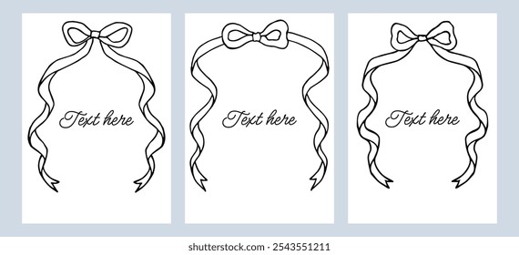 Bow with wavy ribbon frame card. Cute border frame cards. Bow with ribbon frames template with space for text isolated on background.