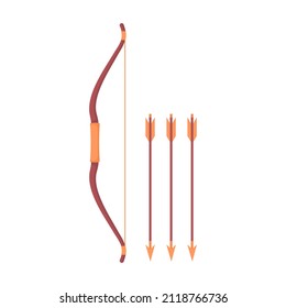 Bow-Waffe mit Pfeilen einzeln auf weißem Hintergrund. Farbige Jägerwerkzeuge. Cartoon-Flachstil. Vektorgrafik.