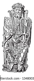 Bow where a king with the earliest bow of the Cremaillere type from the 11th century, vintage line drawing or engraving illustration.