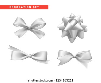 Bow white realistic design. Isolated gift bows with ribbons. Vector illustration