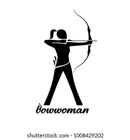 Bow Woman vector logo for archery club. Black figure of a female archer who aiming a modern recurve bow and arrow. Silhouette of a strong girl during sports competition or amateur archery recreation.