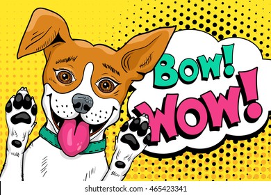 Bow wow pop art dog. Funny happy surprised dog  with open mouth rising his paws up. Vector illustration in retro comic style. Vector pop art background.