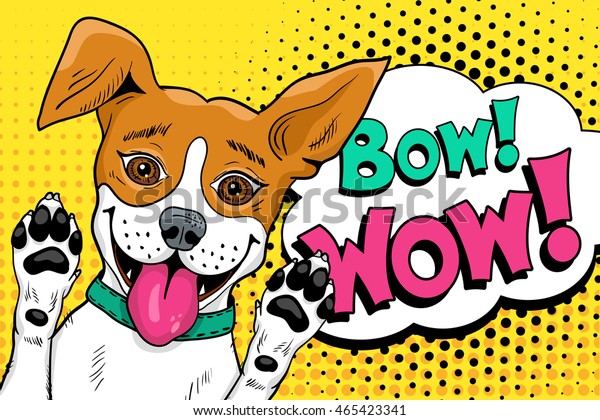 へえ ポップアート犬 口を開けて前足を上げたおかしな幸せな驚き犬 レトロな漫画風のベクターイラスト ベクターポップアートの背景 のベクター画像素材 ロイヤリティフリー