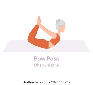 Bow Yoga pose. Dhanurasana. Elderly woman practicing yoga asana. Healthy lifestyle. Flat cartoon character. Vector illustration
