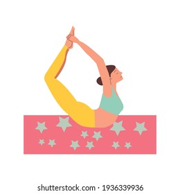 Bow yoga pose - flexible woman stretching on the floor with eyes closed.