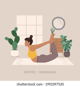 Bow Yoga pose. Young woman practicing yoga  exercise. Woman workout fitness, aerobic and exercises. Vector Illustration.