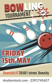 Torneo de bolos para jugadores. Tarjeta de invitación o volante con fecha y lugar del evento. Pelota golpeando pines haciendo huelga. Ocio y diversión. Cartel de afiches o anuncios, vector de estilo plano