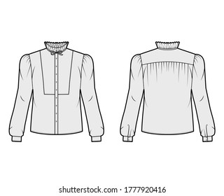 Bow-detailed blouse technical fashion illustration with ruffled collar, long sleeves with cuff, paneled front. Flat apparel shirt template front, back, grey color. Women men, unisex top CAD mockup