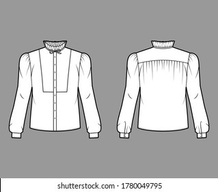 Bow-detailed blouse technical fashion illustration with ruffled collar, long sleeves with cuff, paneled front. Flat apparel shirt template front, back, white color. Women men, unisex top CAD mockup