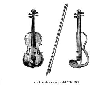 Bowed string instruments. Vector hand drawn illustration of violin and fiddle-bow.