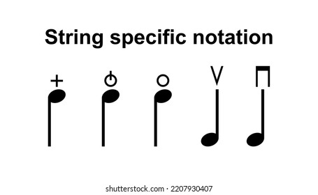 Bowed strings specific notation symbols vector black color isolated on white background. Musical notation. music notes vector.