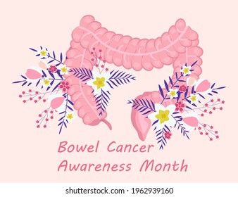 Bowel Cancer Awareness Month Concept Vector. Medical Event Is Observed In April. Human Intestine On Boho Floral Background. Tropical Flowers And Leaves Are Shown. 