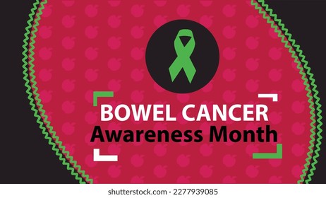 Bowel Cancer Awareness Month vector banner design with magenta, green and white colors, green ribbon symbol and apple  icon pattern. Bowel Cancer Awareness concept.