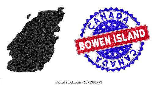 Bowen Island map polygonal mesh with filled triangles, and rubber bicolor stamp. Triangle mosaic Bowen Island map with mesh vector model, triangles have different sizes, and positions,