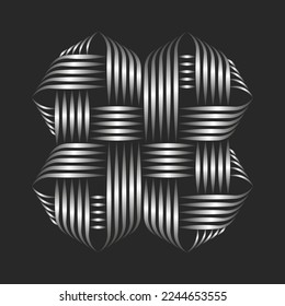 Bowen knot logo from intersection parallel thin metallic lines on a black background, heraldic knot endless shape metallic brilliant symbol silver color.