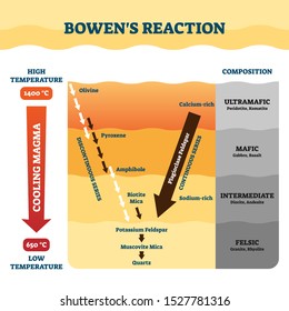 Bowens Reaction Vector Illustration. Labeled Petrology Work Explanation Scheme. Educational Diagram With Cooling Magma And Composition Process. Geological Activity With Rocks Crystallization Sequences