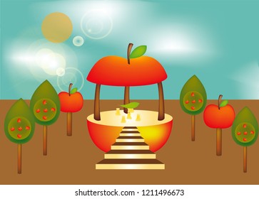 A bower made of red apple with some apple trees. clean air with clouds and sun