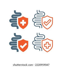 Bowes with shield and cross vector icon. Small intestines with checkmark filled symbol.